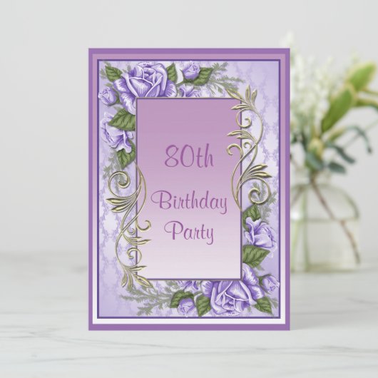 パープルエレガントバラフレーム80th誕生日 招待状 (スタンド正面)