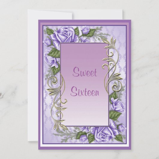 パープルエレガントバラフレームSweet sixteen誕生日 招待状 (正面)