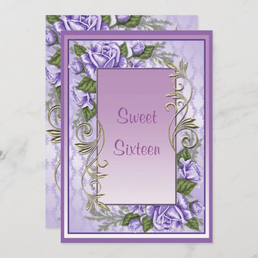 パープルエレガントバラフレームSweet sixteen誕生日 招待状 (正面/裏面)