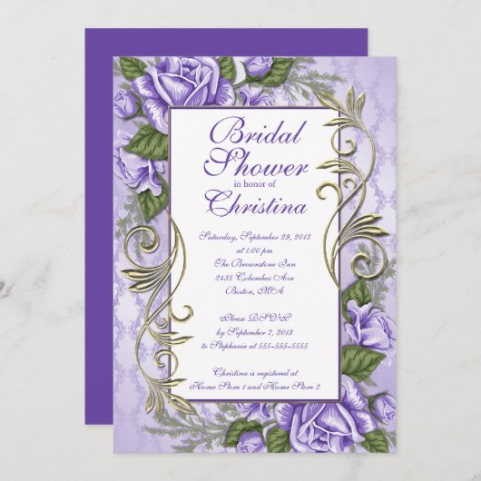 パープルエレガントバラブライダルシャワー招待状 招待状 (正面/裏面)