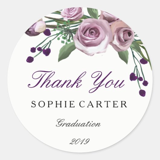 パープルエレガントバラ卒業サンキューステッカー ラウンドシール (正面)