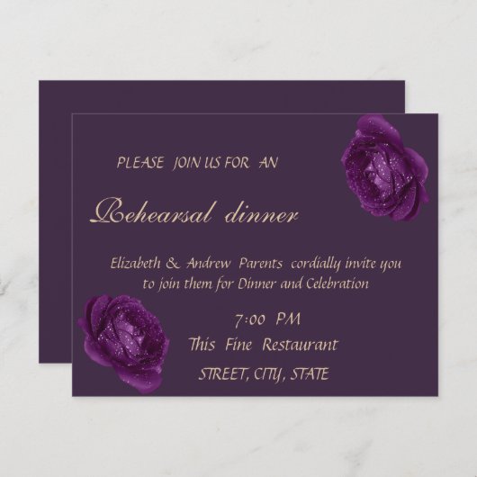 パープルエレガントバラ結婚のリハーサルディナー 招待状 (正面/裏面)