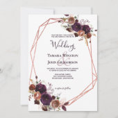 パープルエレガントバラ金ゴールドフローラジオメト結婚リ 招待状 (正面)