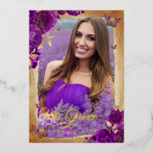 パープルエレガントバラ金ゴールドフローラ写真キンセアニェラ 箔招待状 (正面)