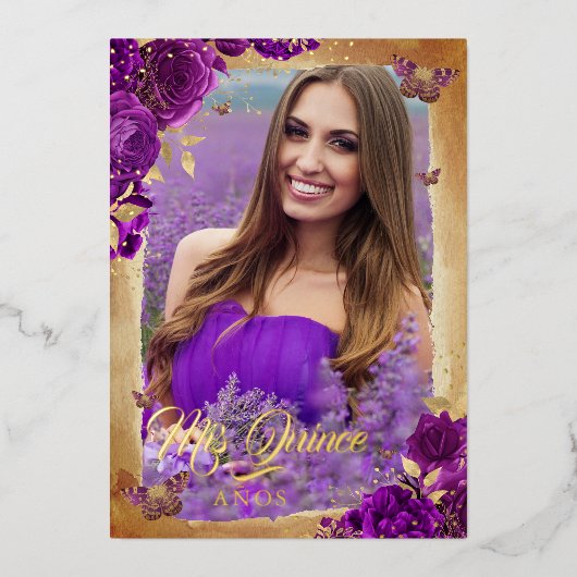 パープルエレガントバラ金ゴールドフローラ写真キンセアニェラ 箔招待状 (正面)
