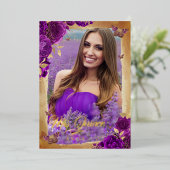 パープルエレガントバラ金ゴールドフローラ写真キンセアニェラ 箔招待状 (立ち正面)