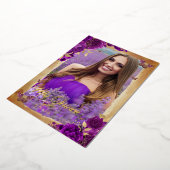 パープルエレガントバラ金ゴールドフローラ写真キンセアニェラ 箔招待状 (回転した状態)