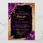 パープルエレガントバラ金ゴールドフローラ写真キンセアニェラ 箔招待状 (裏面)