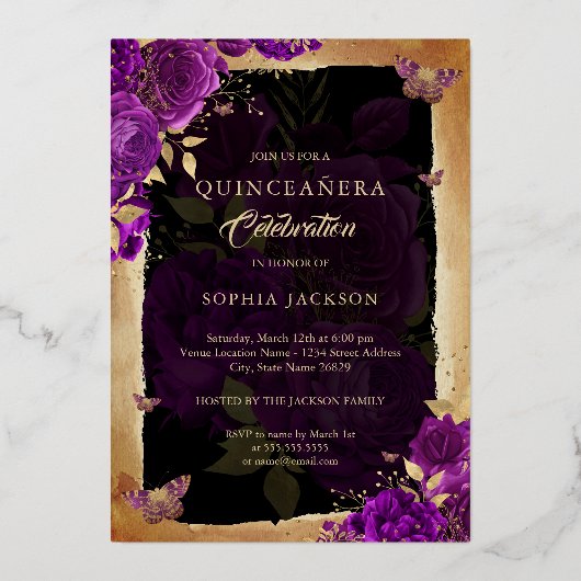 パープルエレガントバラ金ゴールドフローラ写真キンセアニェラ 箔招待状 (裏面)