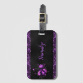 パープルエレガントバラ&縁どオンブラックパーソナライズ ラゲッジタグ (正面縦)