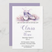 パープルエレガントバレエシューズバレリーナ誕生日 招待状 (正面/裏面)