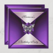 パープルエレガントパールジュエル誕生日シルバー&ホワイト 招待状 (正面/裏面)