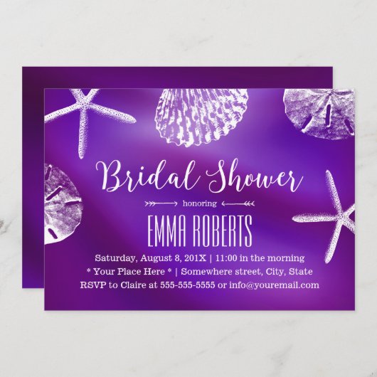 パープルエレガントビーチ結婚式ブライダルシャワー 招待状 (正面/裏面)