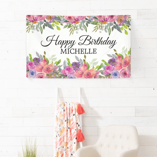 パープルエレガントピンクフローラハッピーバースデー名 横断幕 (インサイチュ)