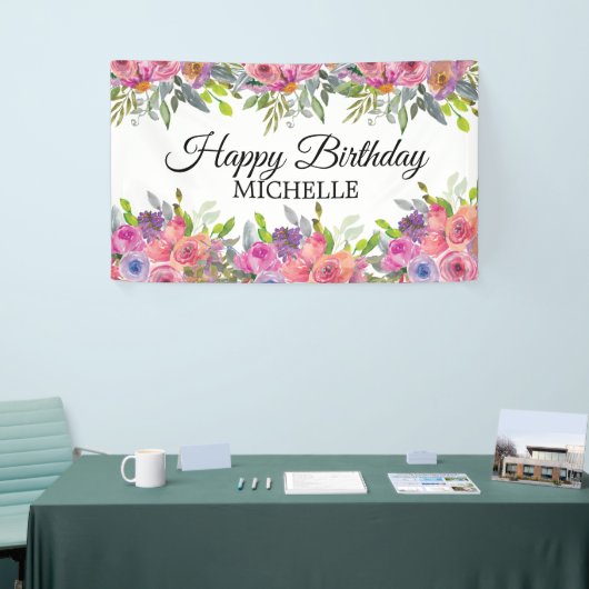 パープルエレガントピンクフローラハッピーバースデー名 横断幕 (トレードショー)