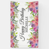 パープルエレガントピンクフローラハッピーバースデー名 横断幕 (縦)