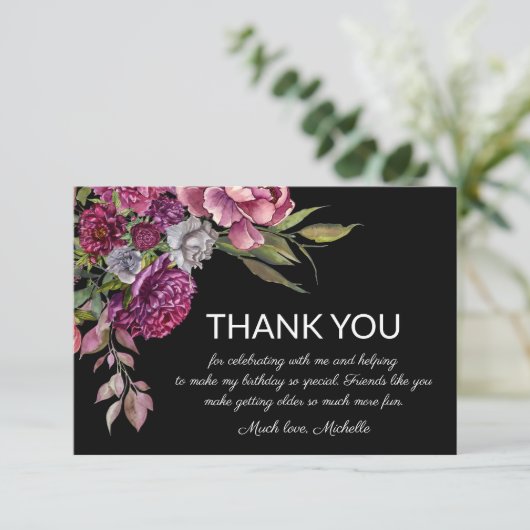 パープルエレガントピンクフローラブラック誕生日 サンキューカード (スタンド正面)