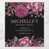 パープルエレガントピンクフローラブラック誕生日 ワインラベル (シングルラベル)