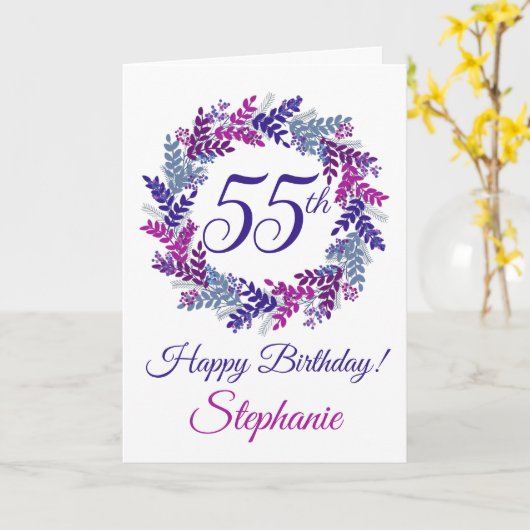 パープルエレガントピンクリース55誕生日 カード (黄色い花)