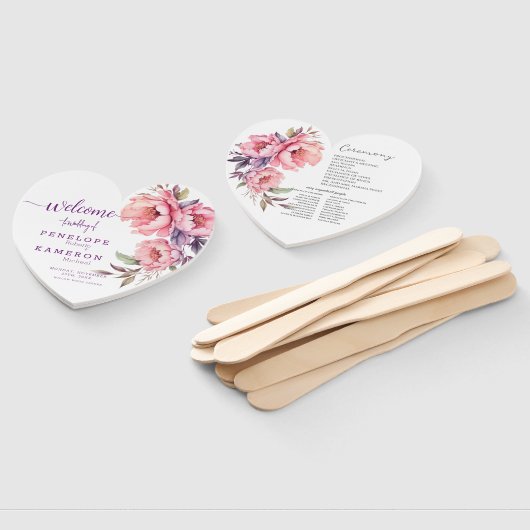 パープルエレガントピンクローズ牡丹結婚式 プログラム ハンドファン (組立なし)