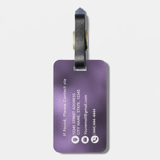 パープルエレガントフォイルモノグラムカスタム ラゲッジタグ (裏面縦)