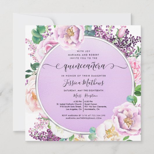 パープルエレガントフォイル、フローラ水彩キンセアニラ 招待状 (正面)