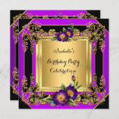 パープルエレガントフラワーズ金ゴールドブラックバースデーパーティー 招待状 (正面/裏面)
