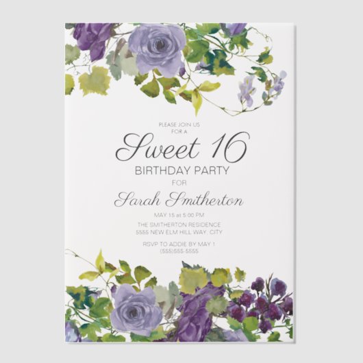 パープルエレガントフローラつる植物スウィート16 ベラム紙招待状 (正面)