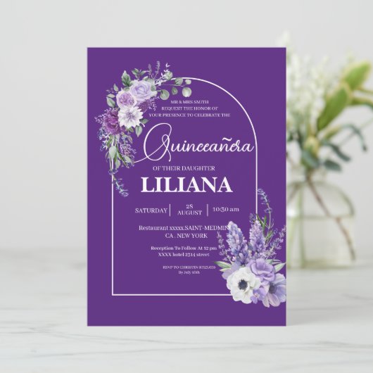 パープルエレガントフローラアーチラベンダーキンセアニラ 招待状 (スタンド正面)