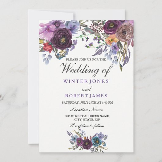 パープルエレガントフローラウィンターウェディング招待状 招待状 (正面)