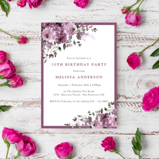 パープルエレガントフローラエイジ誕生日パーティー 招待状