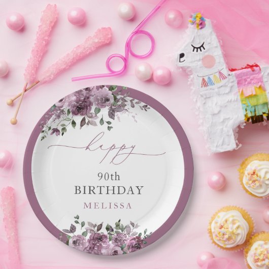 パープルエレガントフローラエイジ誕生日 ペーパープレート (パーティー)