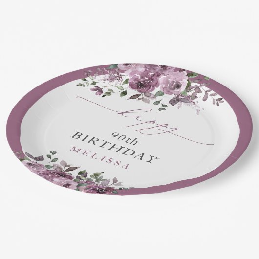 パープルエレガントフローラエイジ誕生日 ペーパープレート (アングル)