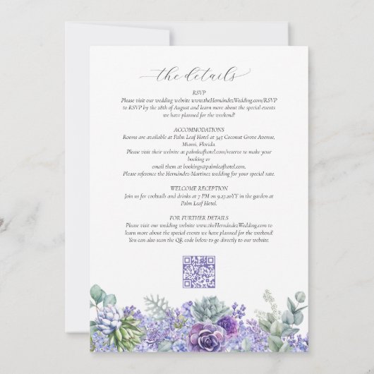 パープルエレガントフローラオールインワンウェディングRSVP 招待状 (裏面)