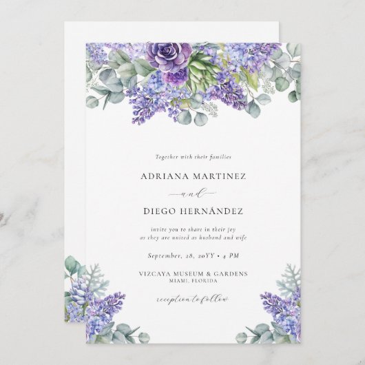 パープルエレガントフローラオールインワンウェディングRSVP 招待状 (正面/裏面)