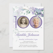パープルエレガントフローラカスタム写真100誕生日 招待状 (正面)