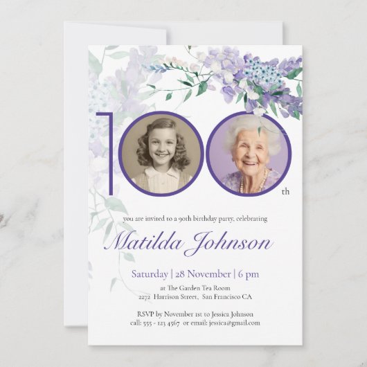 パープルエレガントフローラカスタム写真100誕生日 招待状 (正面)