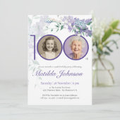 パープルエレガントフローラカスタム写真100誕生日 招待状 (スタンド正面)