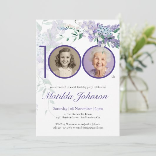パープルエレガントフローラカスタム写真100誕生日 招待状 (スタンド正面)