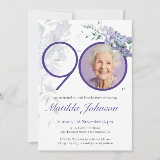 パープルエレガントフローラカスタム写真90誕生日 招待状 (正面)