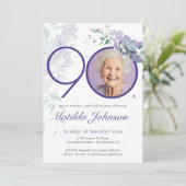 パープルエレガントフローラカスタム写真90誕生日 招待状 (スタンド正面)