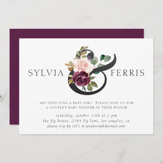 パープルエレガントフローラガールベビーシャワー 招待状 (正面/裏面)