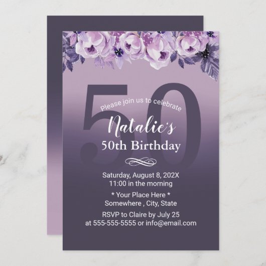 パープルエレガントフローラガール50th誕生日パーティー 招待状 (正面/裏面)