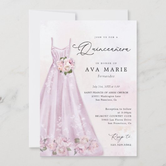 パープルエレガントフローラクインセアニラ誕生日 招待状 (正面)