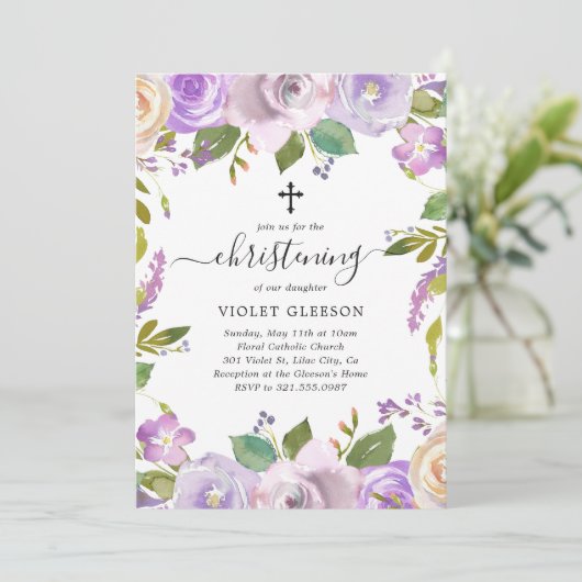 パープルエレガントフローラクロスガール《キリスト教》洗礼式や命名式 招待状 (スタンド正面)