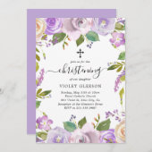 パープルエレガントフローラクロスガール《キリスト教》洗礼式や命名式 招待状 (正面/裏面)