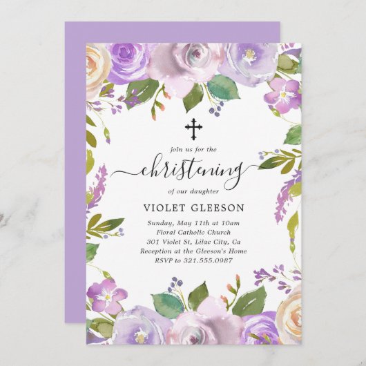 パープルエレガントフローラクロスガール《キリスト教》洗礼式や命名式 招待状 (正面/裏面)