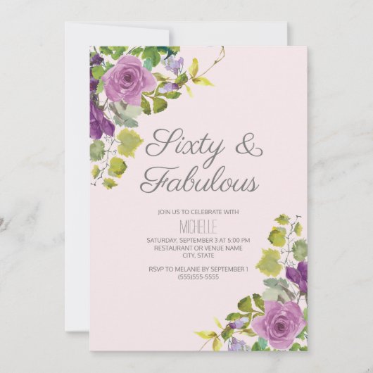 パープルエレガントフローラグリーンつる植物60誕生日 招待状 (正面)
