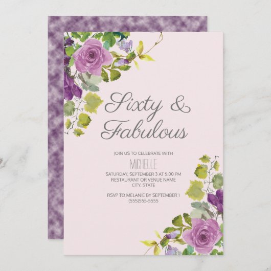 パープルエレガントフローラグリーンつる植物60誕生日 招待状 (正面/裏面)