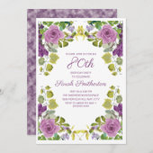 パープルエレガントフローラグリーンつる植物80誕生日 招待状 (正面/裏面)